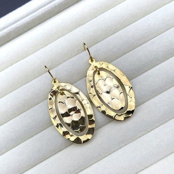 Yellow Gold Hammered Double Oval Shiny Dangling Drop Hook Earrings - Picture 5 of 8